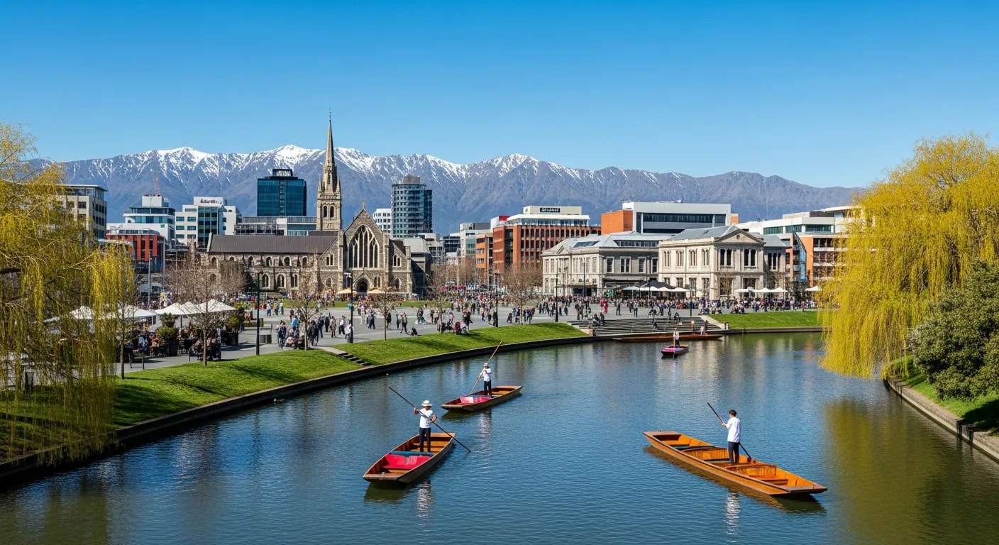 Christchurch cathedral and Avon River with Southern Alps
