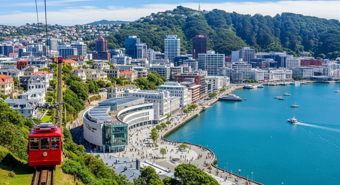 Wellington waterfront with cable car and harbour