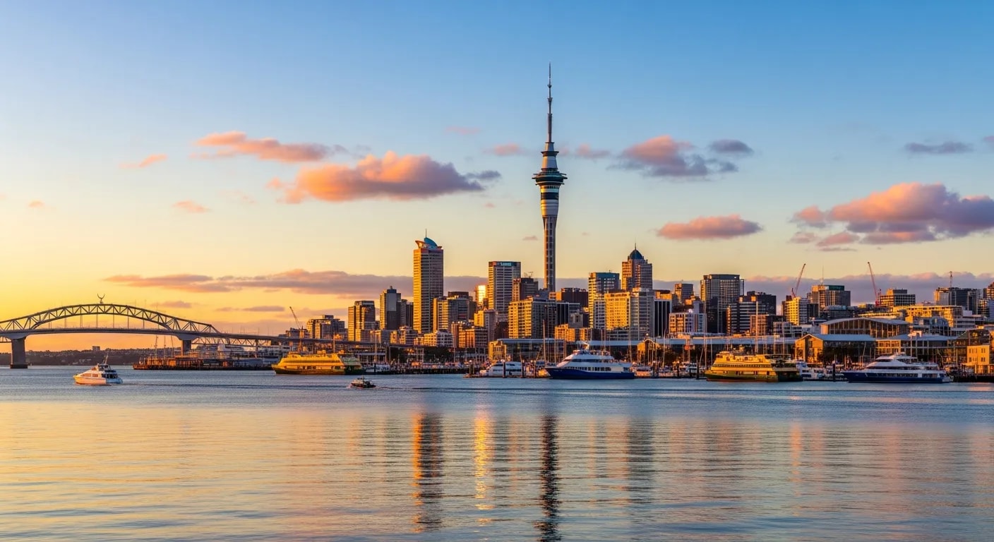 Auckland Sky Tower and city skyline with harbour